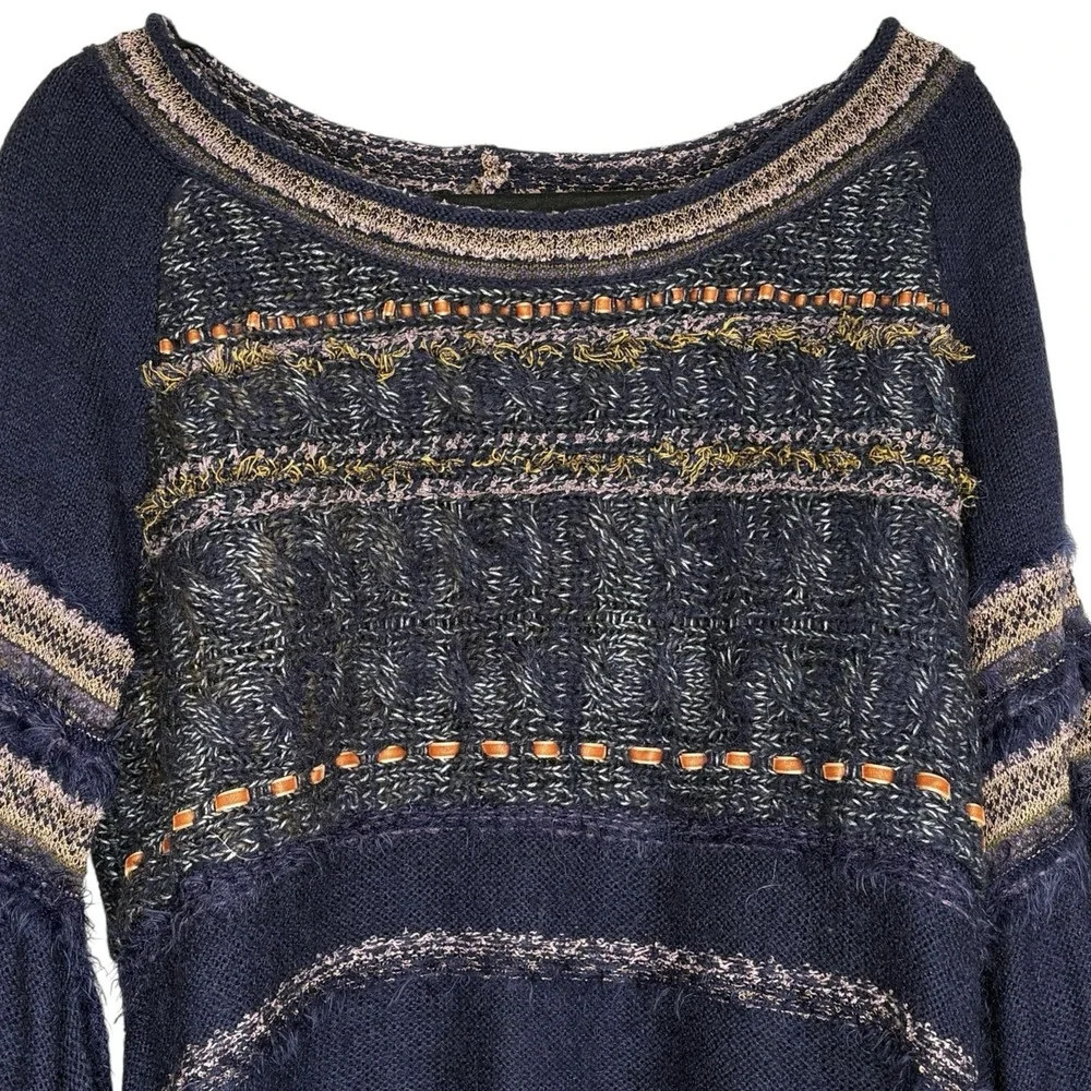 Free People Craft Time Bell Sleeve Sweater M Boho Whimsigoth Mix Media Slouchy